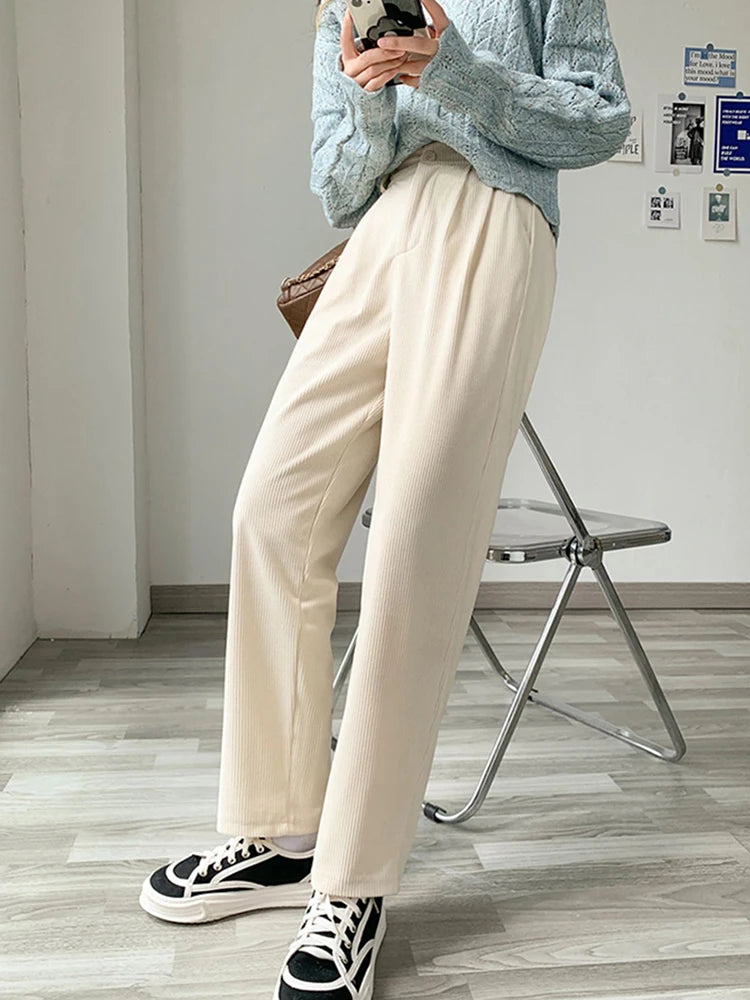 Elegant Retro Corduroy Pants – Simple Loose Straight Wide Leg