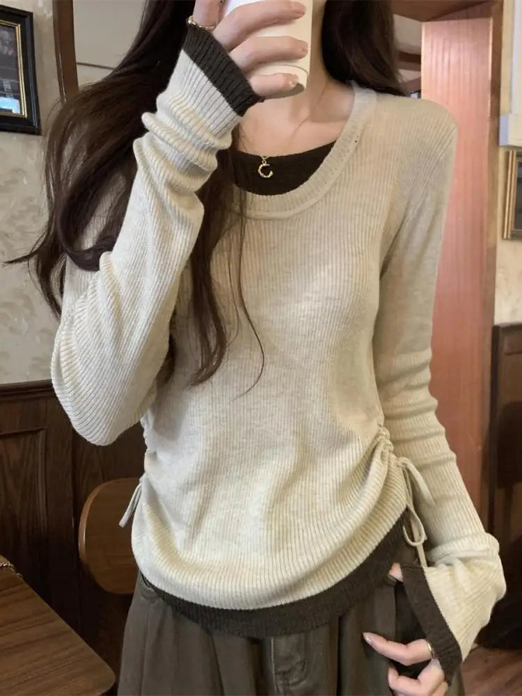 Patchwork Drawstring Lace-Up Sweater – Brown Long Sleeve Knit