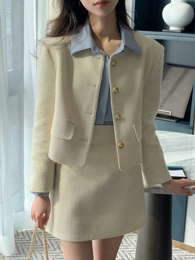 Autumn Elegant Two-Piece Set – Long Sleeve Jacket Coat + Mini Skirt