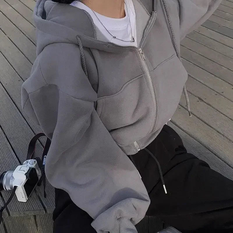Cropped Hoodie Jacket – Zip-Up Oversized Sweatshirt