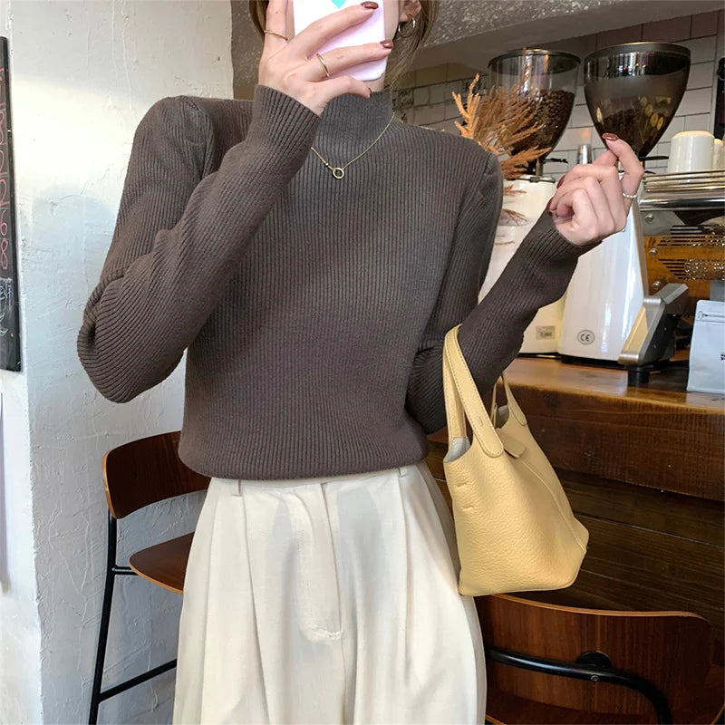 Puff Sleeve Knit Sweater – Half-High Collar, Loose Fit