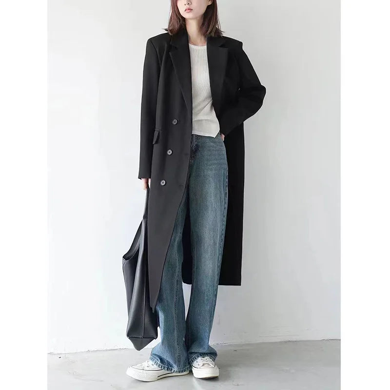 Elegant Long Blazer – Office Double-Breasted Fit