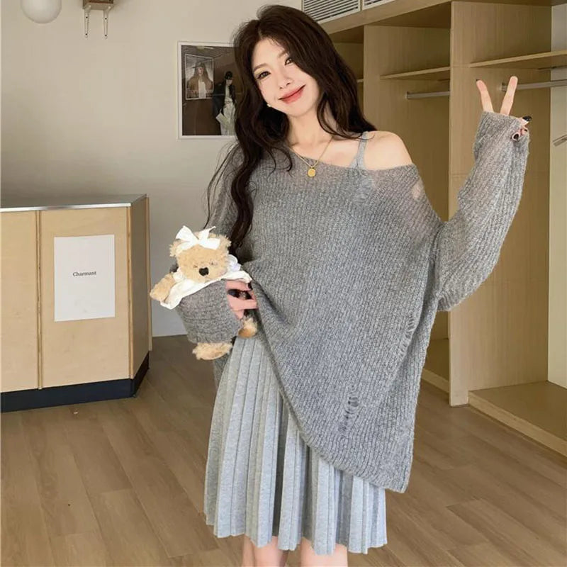 Hollow-Out Loose Knit Sweater – Off-Shoulder