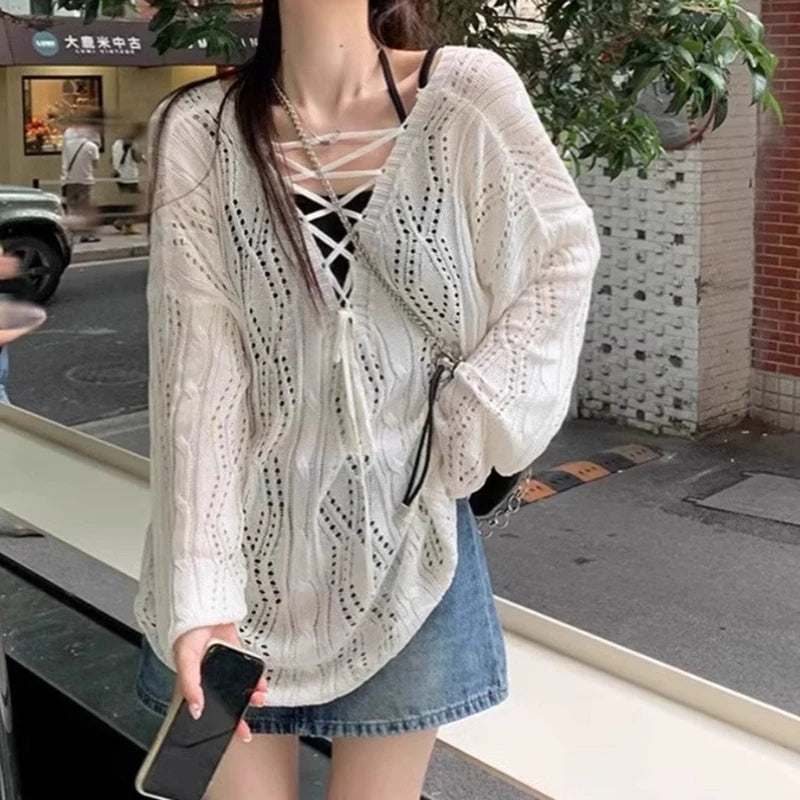 Summer Oversized Pullover – Long Sleeve Thin Knit Top