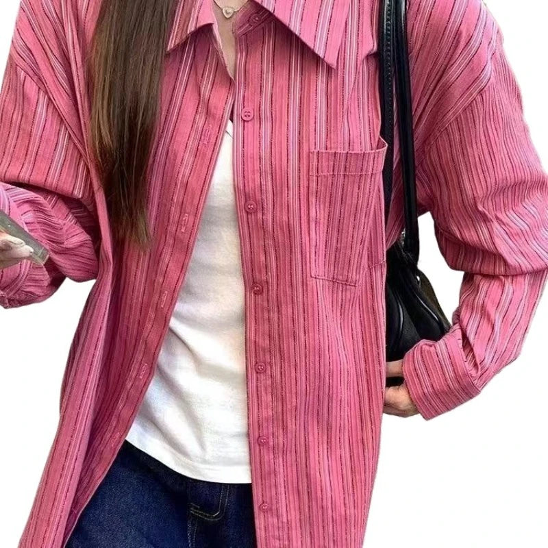 Pink Striped Loose Long Sleeve Blouse – Sun Protection