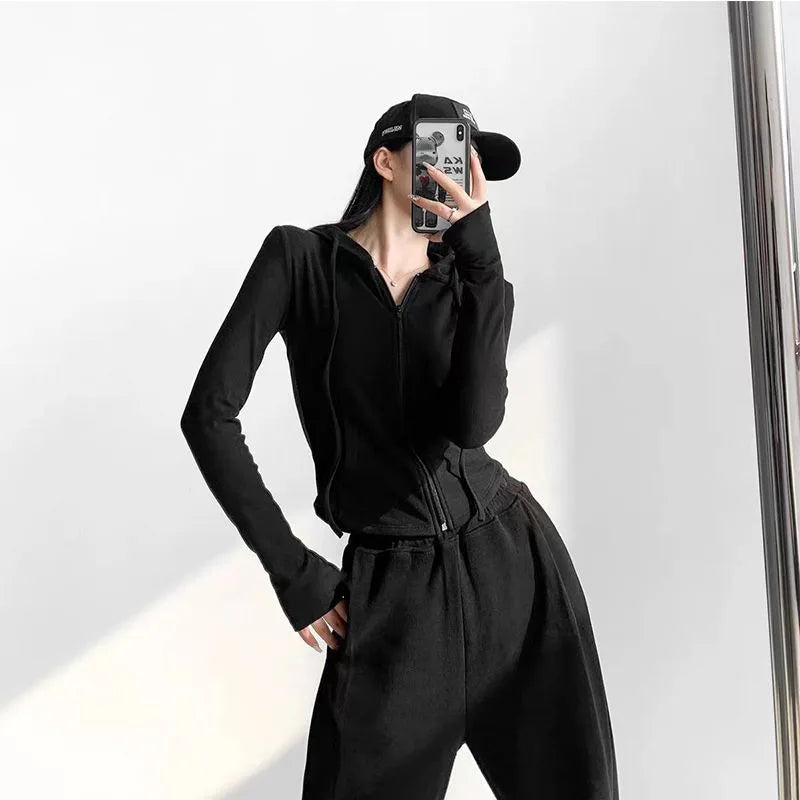 Zip-Up Hooded Knit Cardigan – Short Slim Fit for Fall