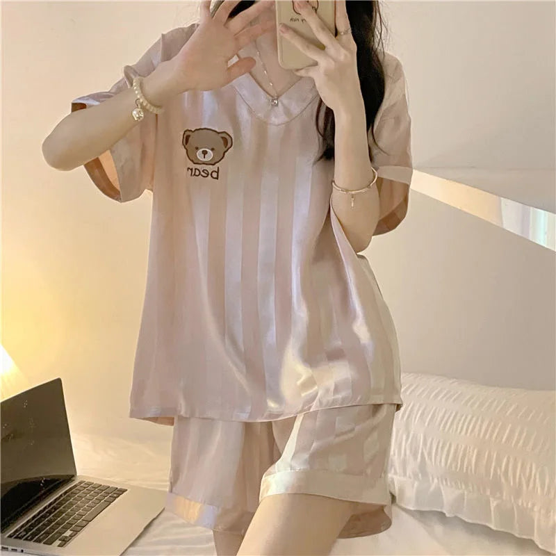 Bear Satin Pajama Set – Short-Sleeve Top & Shorts, Cute Sleepwear