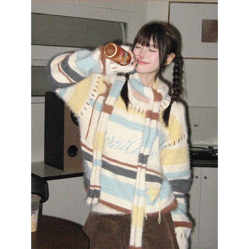 Striped Sweater with Scarf – Long Sleeve Knit Winter Jumper
