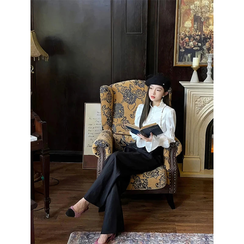 White Long Sleeve Blouse – Stand Collar Office Wear
