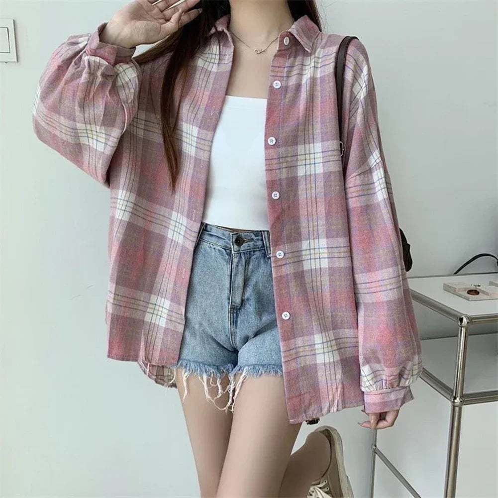 Vintage Plaid Check Shirt – Single Breasted Loose Fit