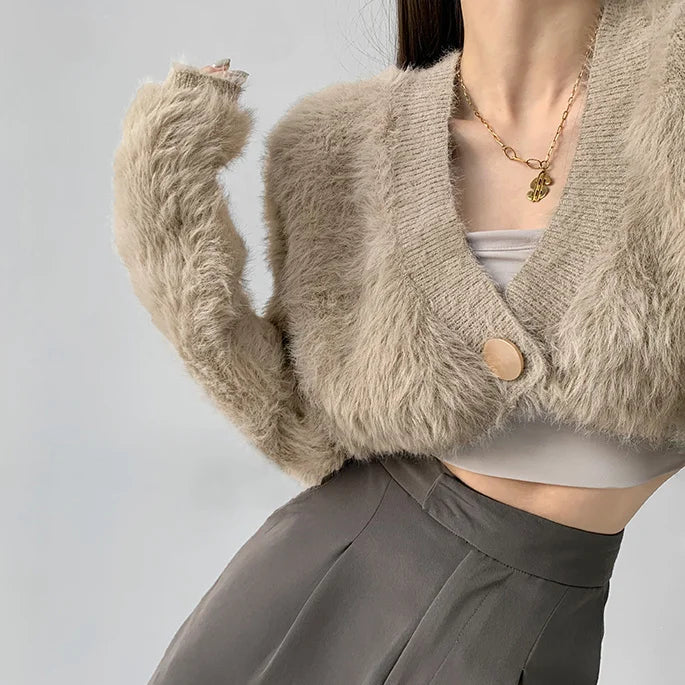 Plush Mink Knit Cardigan – Fluffy Cropped V-Neck