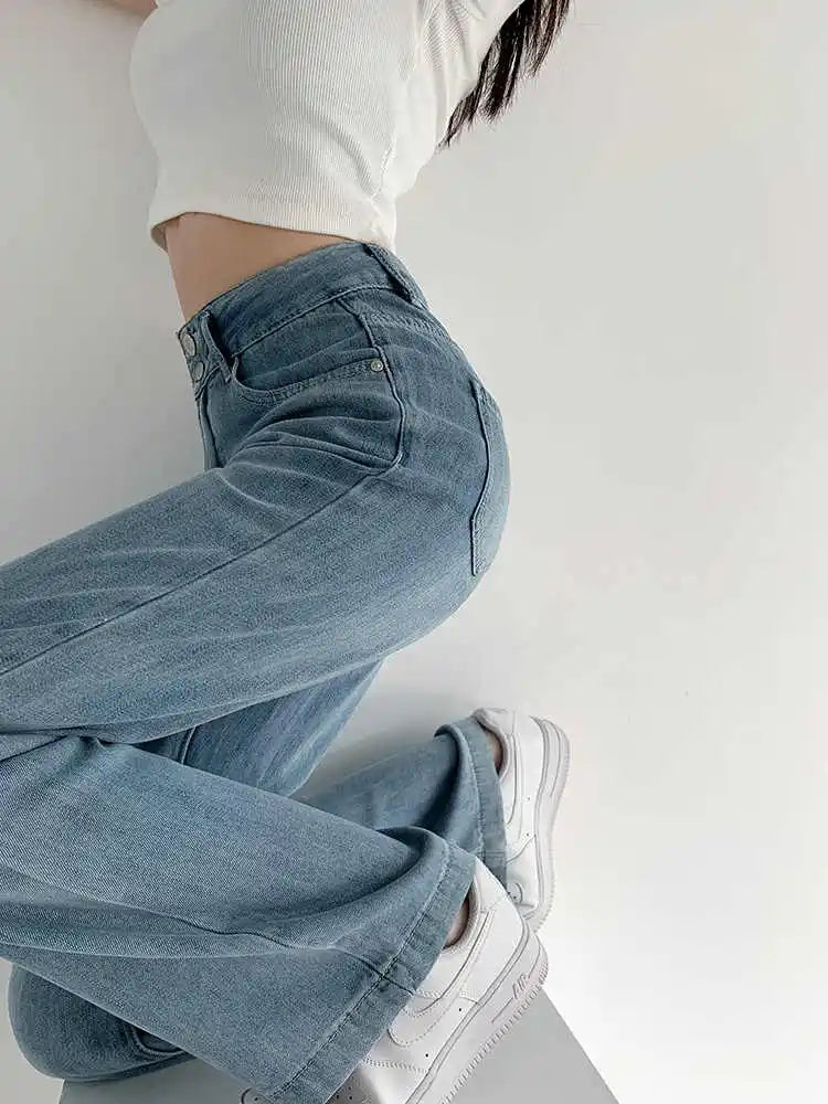 Blue Ice Silk Jeans – Thin Loose Wide Leg High Waist Denim