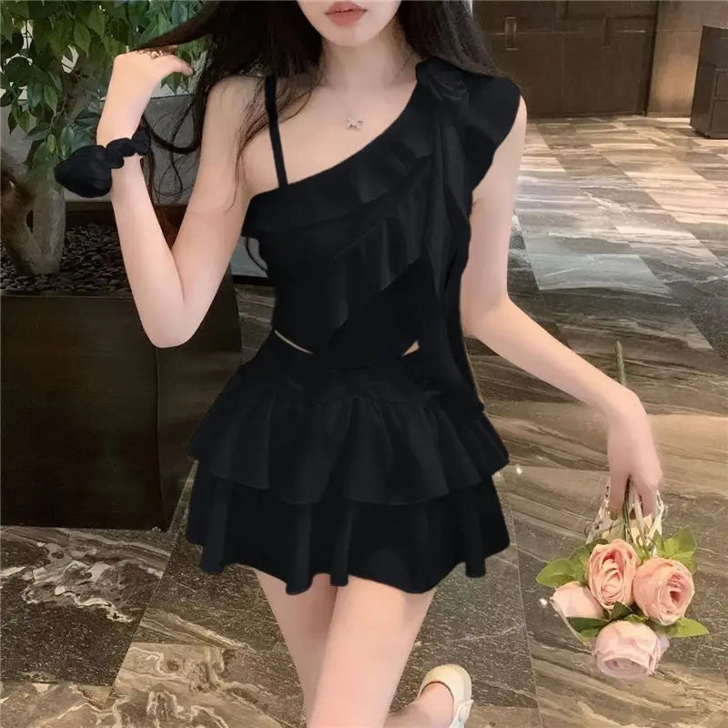 Off-Shoulder Ruffle Mini Skirt Set – Chiffon Crop Top Two-Piece