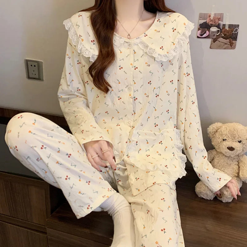 Cute Cherry Pajama Set – Long Sleeve Lapel Top & Pants, Cozy Loungewear