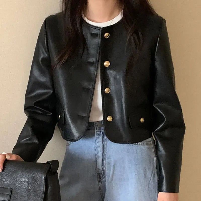 Black Leather Jacket – Vintage O Neck Street Style