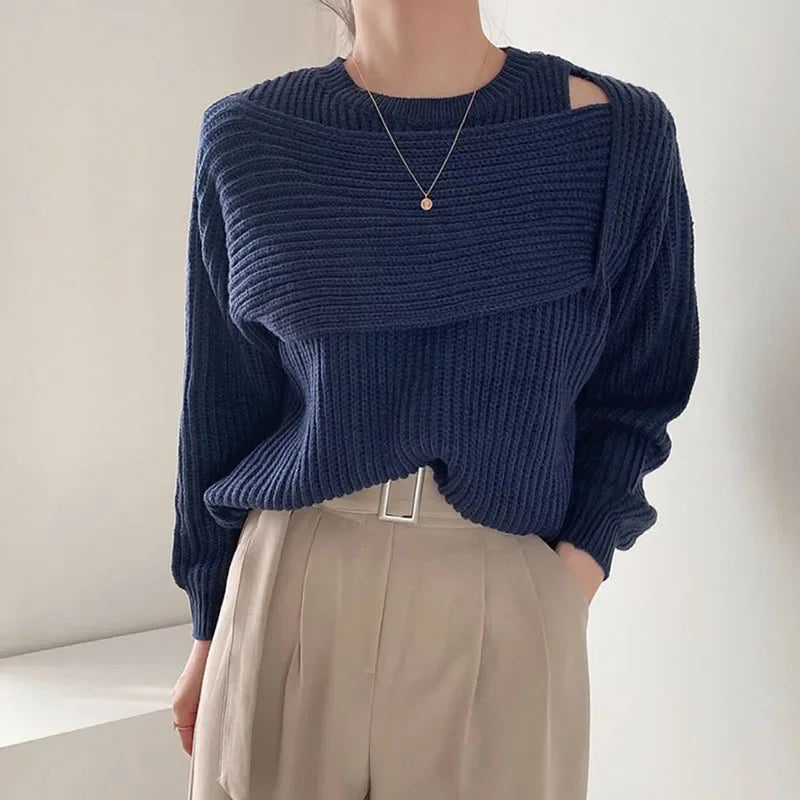 Irregular Off-Shoulder Knit Top – Round Collar Long Sleeve
