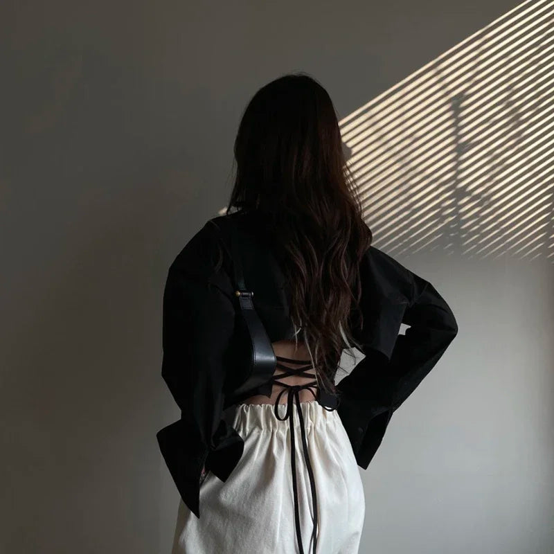 Long Sleeve Strapless Backless Blouse – Lace-Up Front