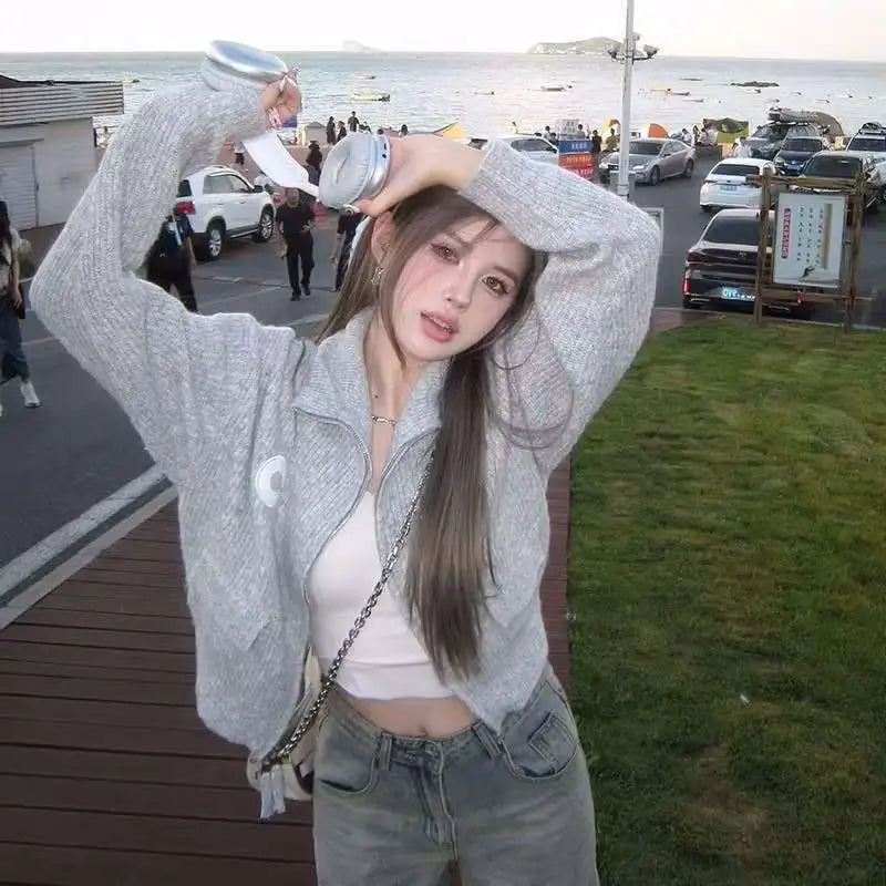 Vintage Grey Zip-Up Knit Cardigan – Cropped Loose Fit Streetwear