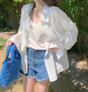 Sheer Knit Blouse – See-Through Loose V-Neck Top