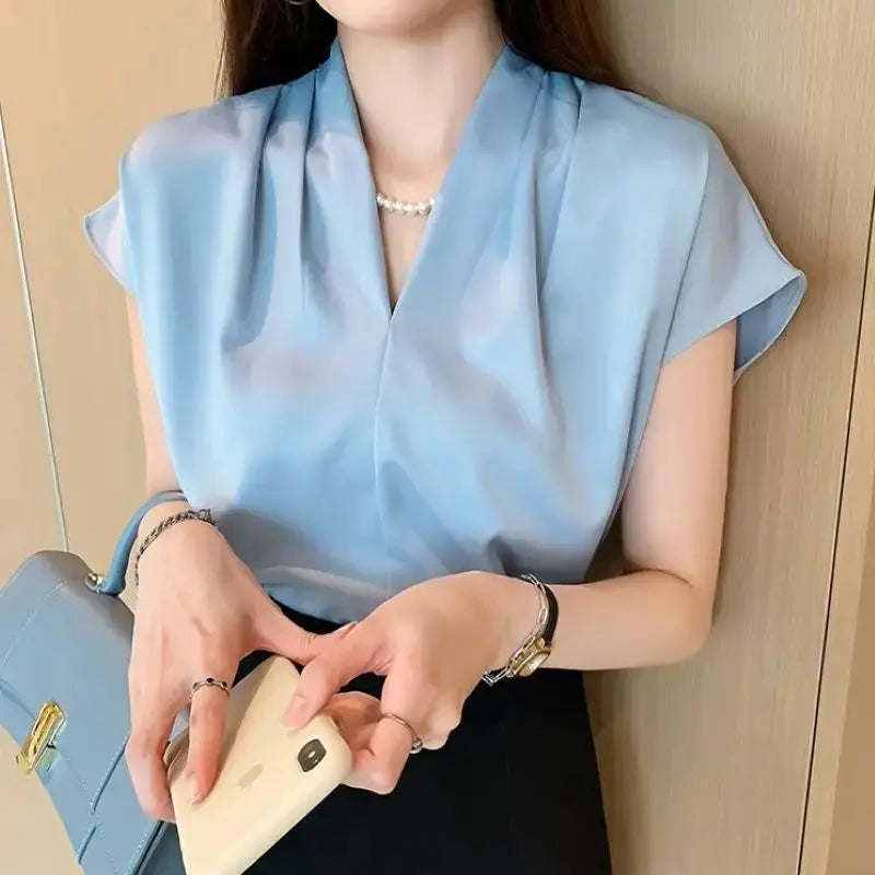 Chiffon Pullover Blouse – Short Sleeve Office Wear