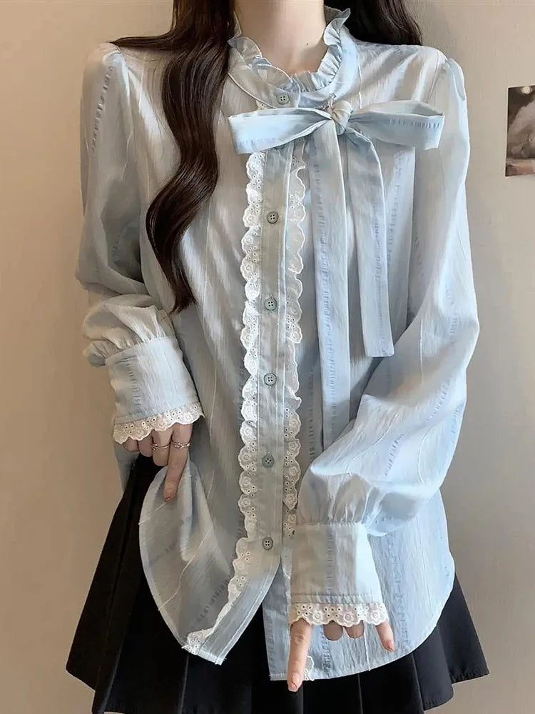 Lace Ruffle Shirt – Long Sleeve Bow Blouse
