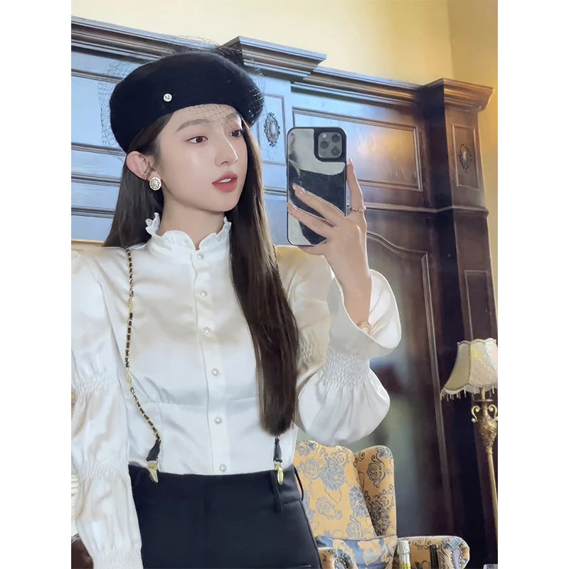 White Long Sleeve Blouse – Stand Collar Office Wear