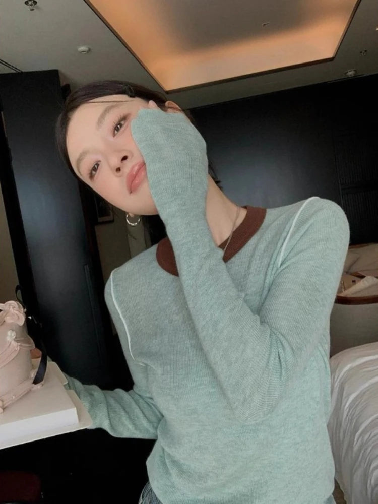 Retro Colorblock Knit Sweater – Slim Fit Long Sleeve Top