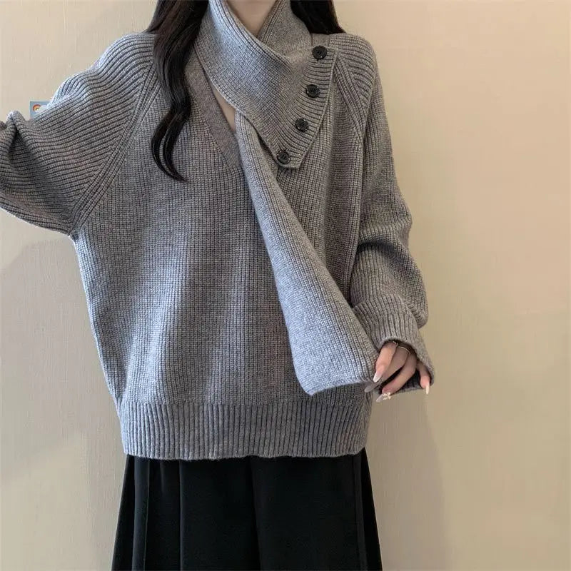 Removable Scarf Knit Sweater – Solid Color, Loose Fit