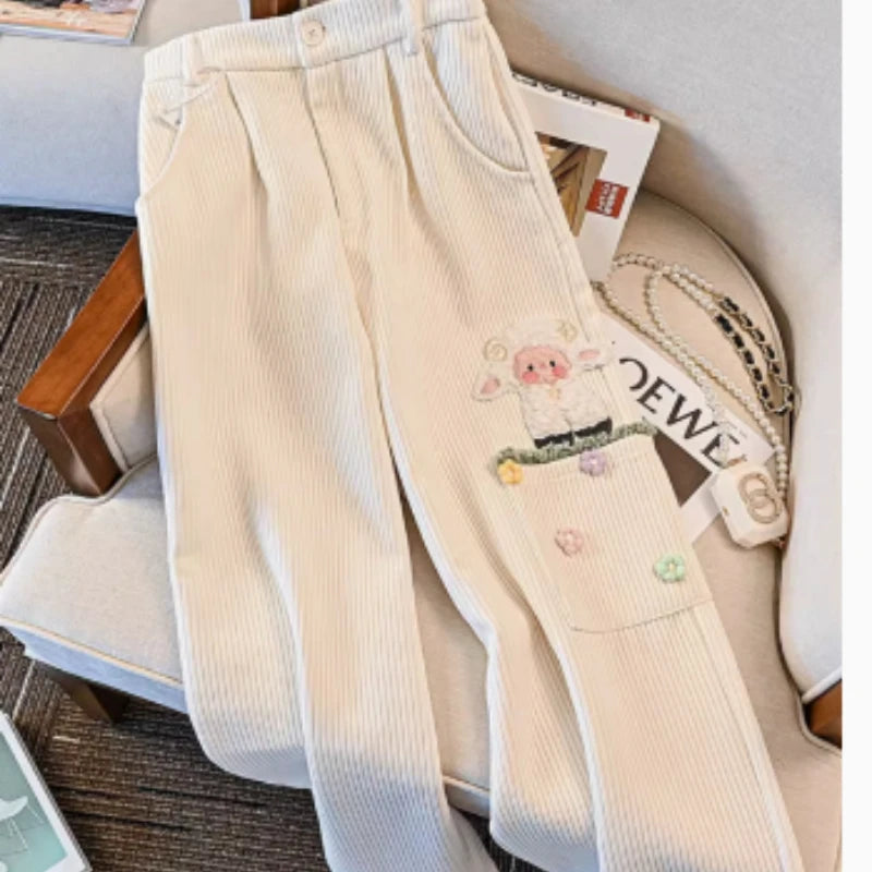 Pink Corduroy Pants – Wide Leg Trousers with Flower Embroidery