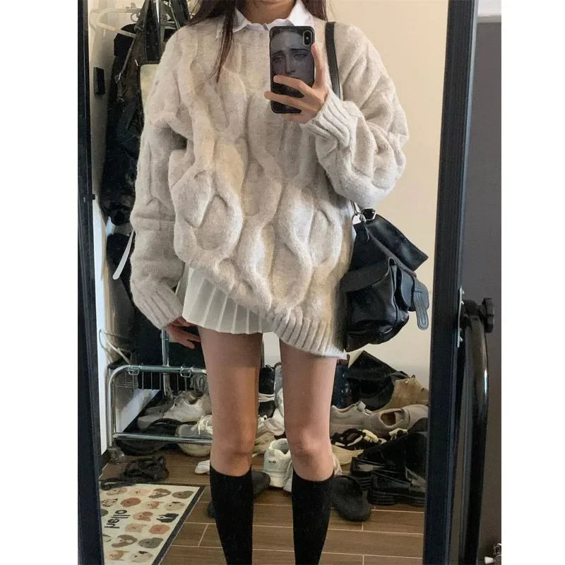 Vintage Twist Knit Sweater – Long Sleeve Pullover, Loose Fit