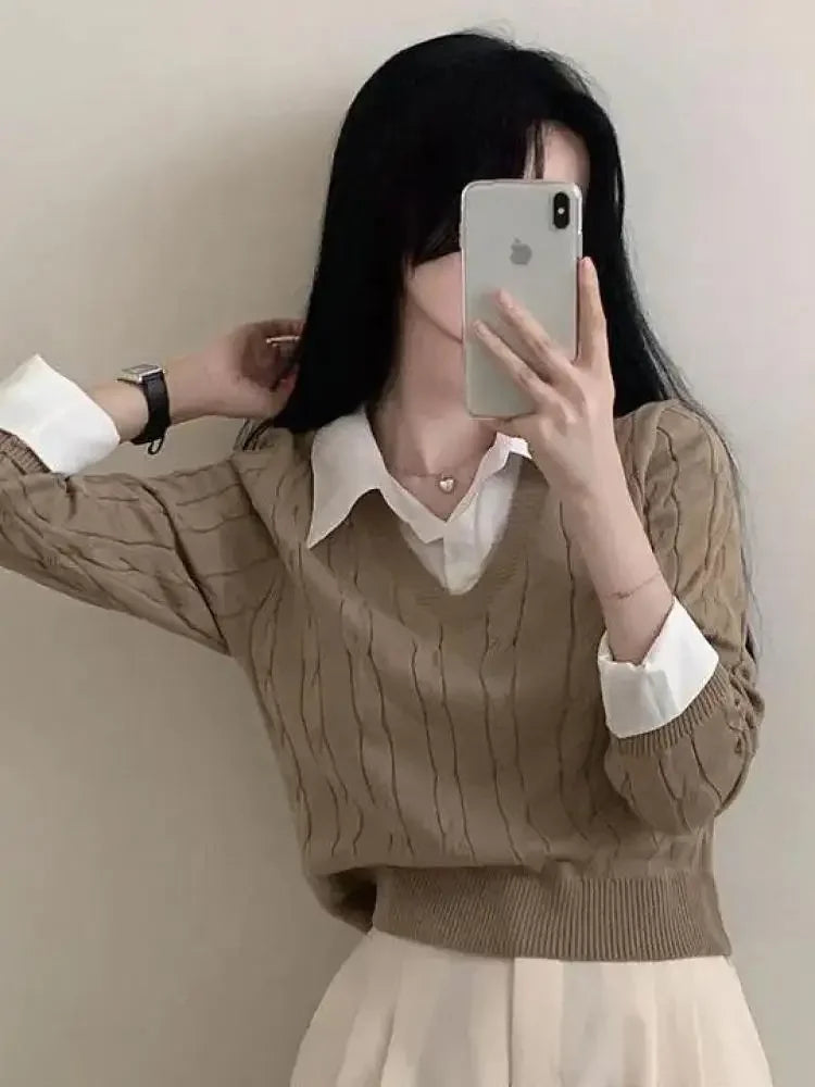 V-Neck Knit Pullover – Loose Two-Piece Style