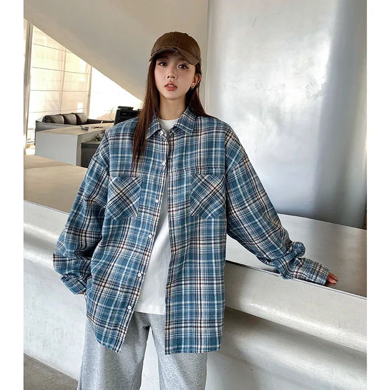 Oversized Long Sleeve Plaid Blouse – Loose & Soft