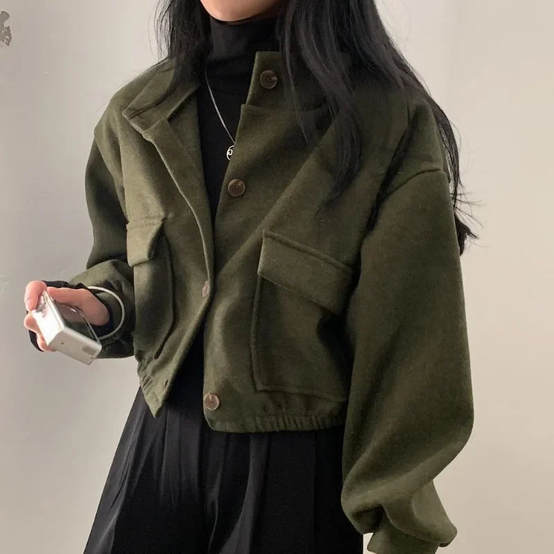 Solid Stand Collar Jacket – Vintage Loose Fit for Fall
