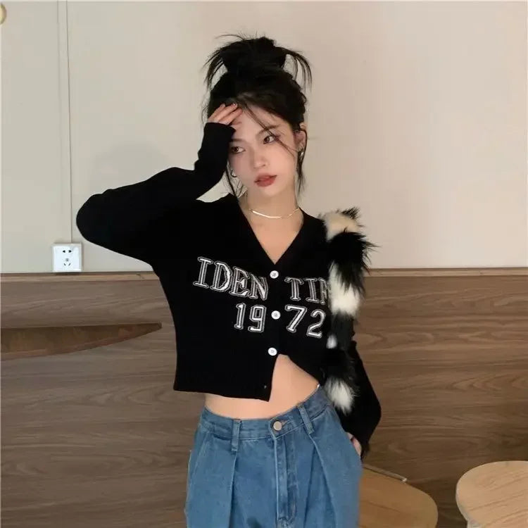 Cropped V-Neck Knit Cardigan – Slim Kpop Grunge Style