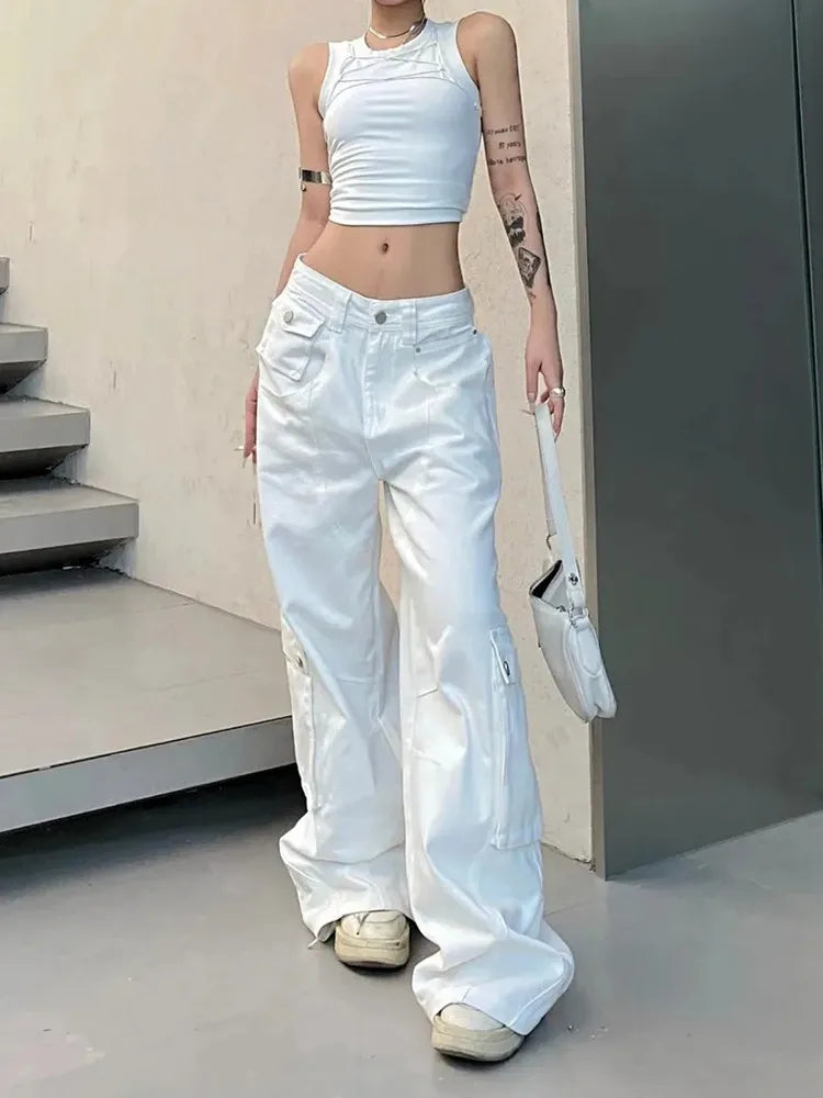 High Waist Wide Leg Cargo Jeans – Straight Casual Denim Trousers