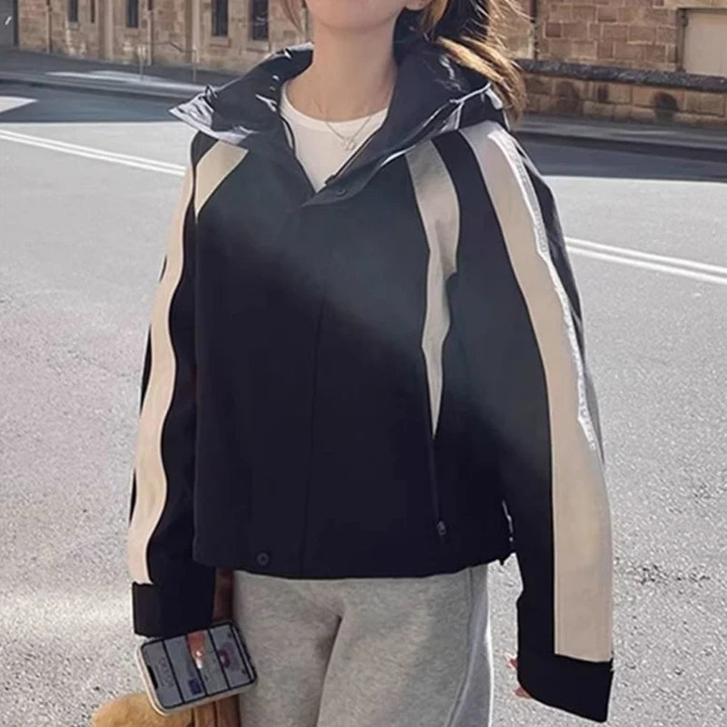 Patchwork Windbreaker – Loose Fit High Collar Hoodie