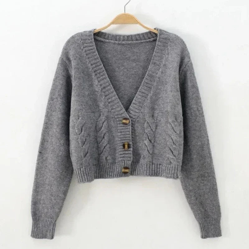 Cropped V-Neck Knit Cardigan – Twist Pattern Fall Style