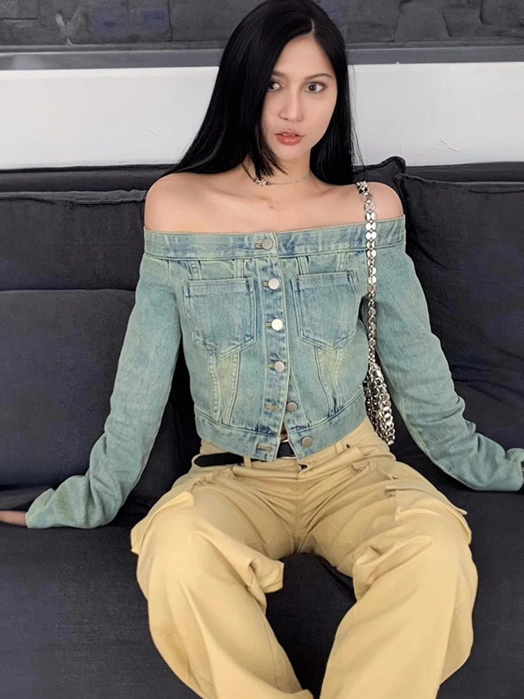 Off-Shoulder Button Jean Shirt – Casual Denim Style