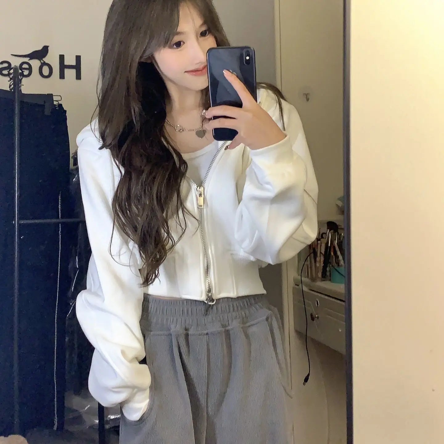 White Zip-Up Hoodie Jacket – Double Sweatshirt Layer
