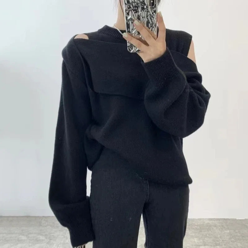 Irregular Off-Shoulder Knit Top – Round Collar Long Sleeve