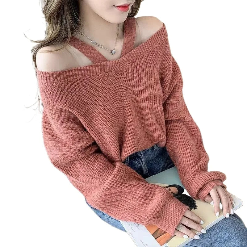 Loose Hanging Neck Sweater – Off-Shoulder Knit Top