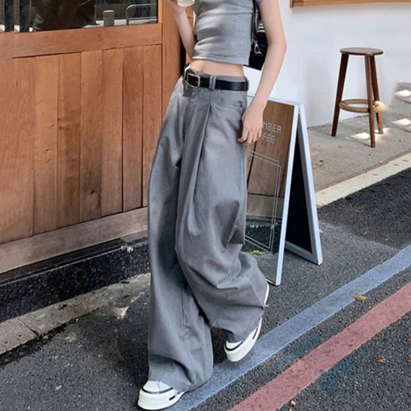 Streetwear Wide Leg Baggy Jeans – High Waist Loose Gray Trousers