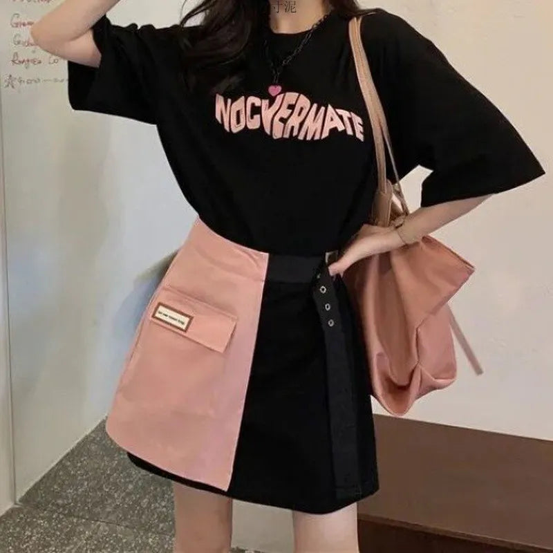 Patchwork Mini Skirt Two-Piece Set – Short Sleeve Top + Skirt