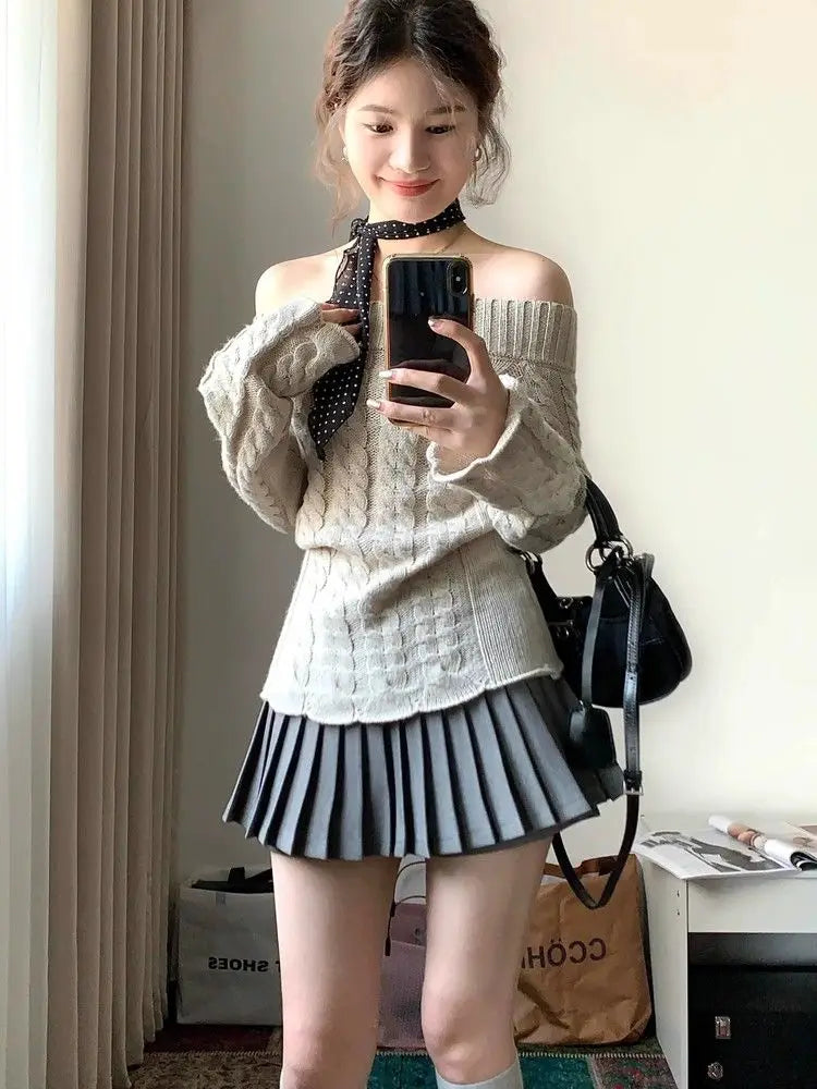 Off-Shoulder Knit Pullover – Long Sleeve