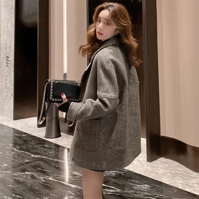 Woolen Blazer Cardigan – Mid-Length Loose Style