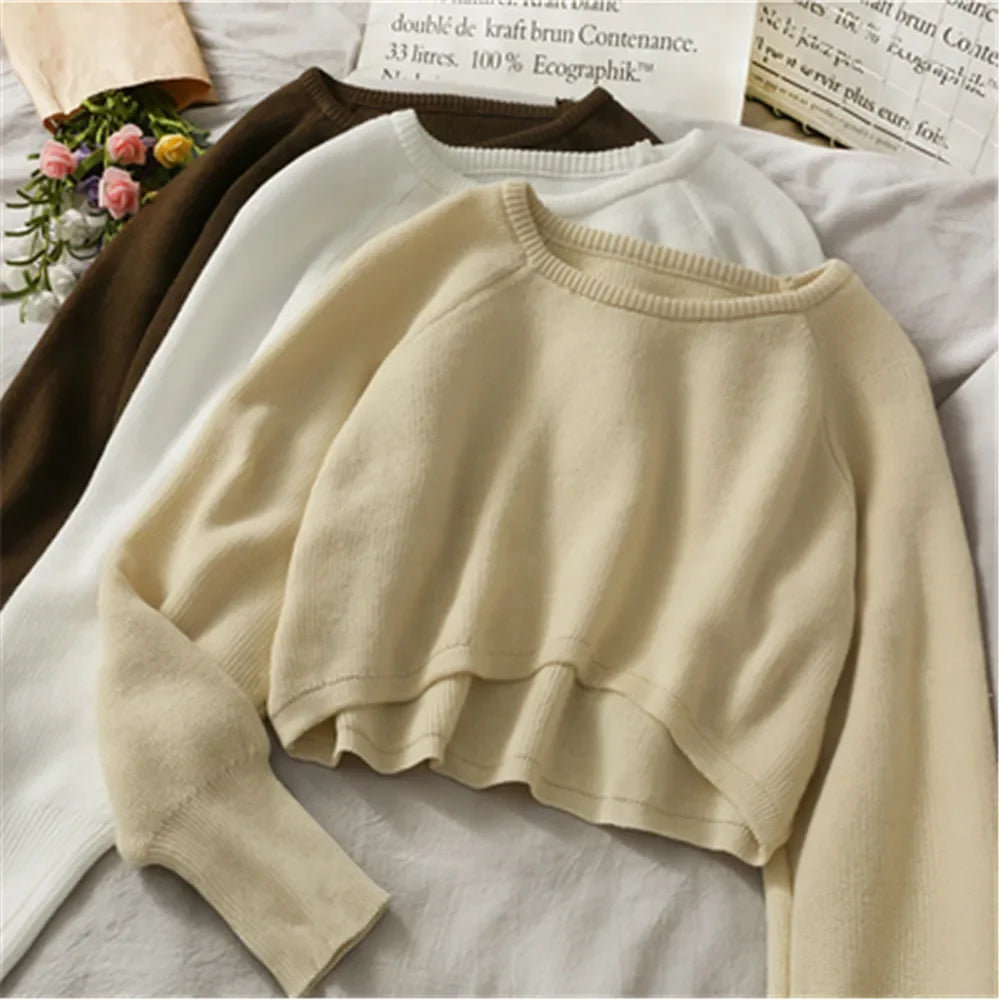 Cropped O-Neck Knit Top – Loose Fit