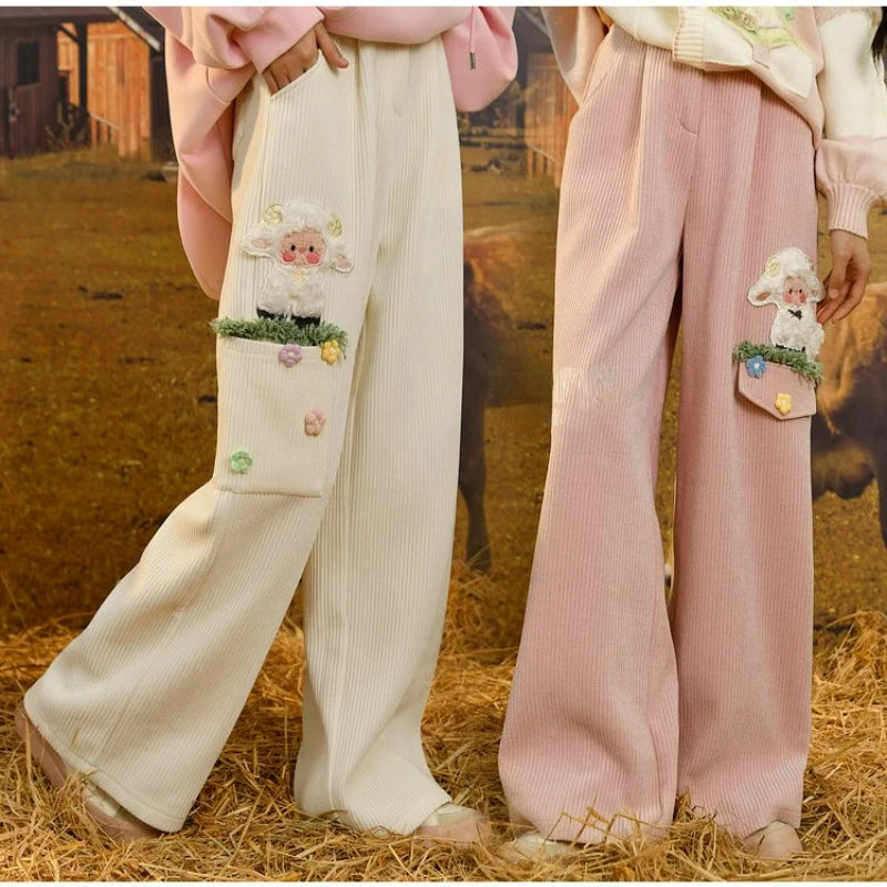 Pink Corduroy Pants – Wide Leg Trousers with Flower Embroidery