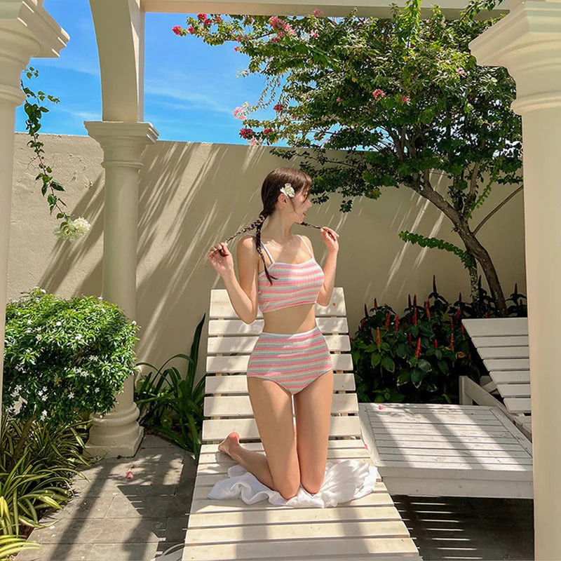 Stripe Bandeau Bikini Set – High Waist Three-Piece Swimwear