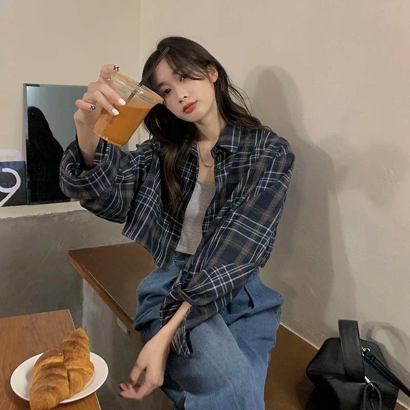 Crop Plaid Long Sleeve Shirt – Loose Fit