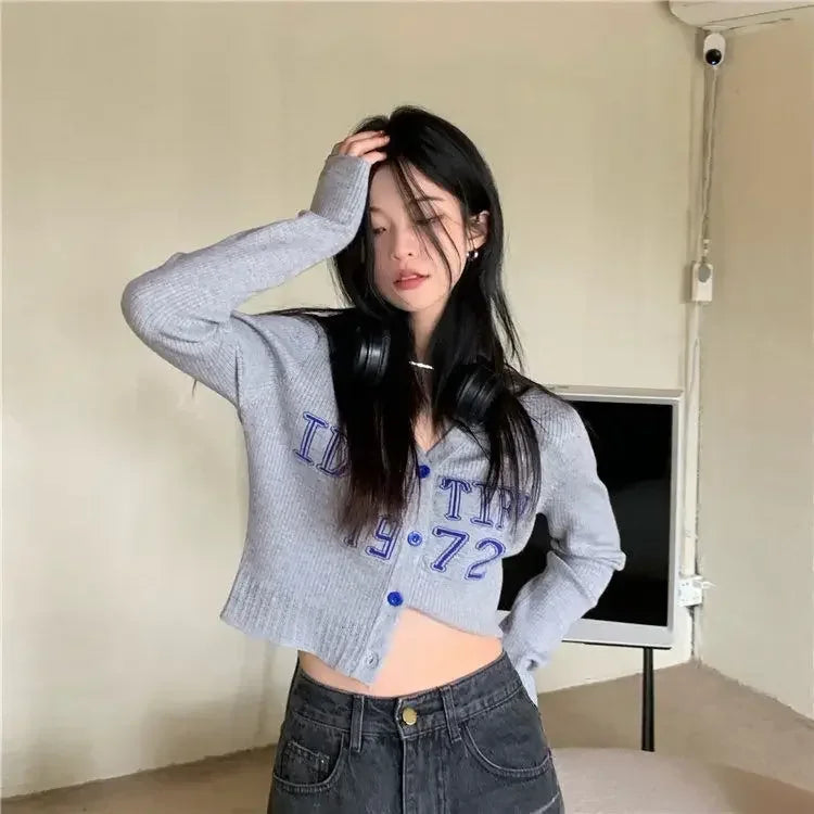 Cropped V-Neck Knit Cardigan – Slim Kpop Grunge Style